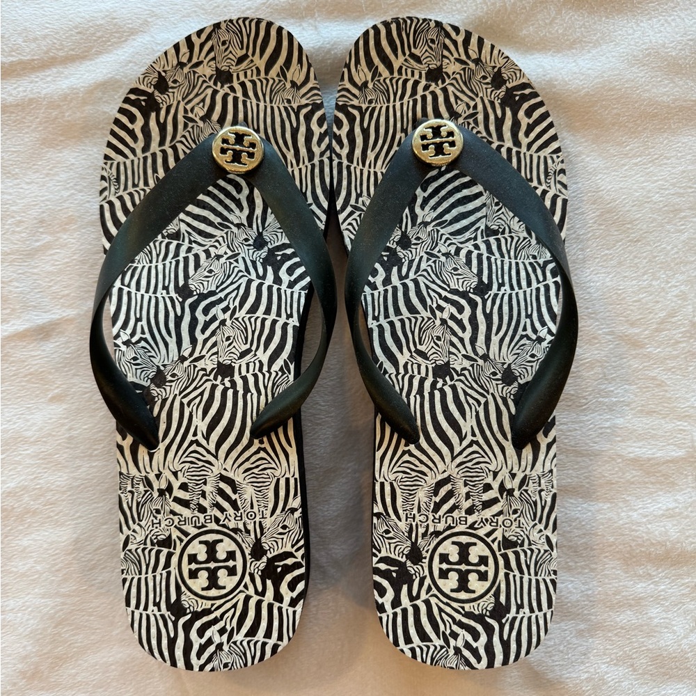 Tory Burch Platform Flip Flop Zebra Print Deep Brown and White Size 10